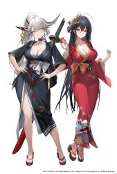 Rule 34 | 2girls, absurdres, alternate costume, azur lane, black hair, black kimono, breasts, cleavage, copyright notice, crossed bangs, earrings, floral print kimono, freng, full body, grey eyes, hair between eyes, hakuryuu (azur lane), hand on own hip, highres, horns, japanese clothes, jewelry, kimono, large breasts, long hair, long sleeves, looking at viewer, mole, mole on breast, multiple girls, official art, open mouth, ponytail, print kimono, red eyes, red kimono, sidelocks, simple background, smile, sword, taihou (azur lane), teeth, weapon, white background, white hair, wide sleeves