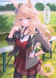 Rule 34 | 1girl, animal ears, black necktie, black pantyhose, blonde hair, blue eyes, blurry, blurry background, blush, bow, breasts, brown jacket, cowboy shot, day, dress, ear bow, gold city (umamusume), hand on own hip, hand up, highres, holding necktie, horse ears, horse girl, horse tail, jacket, long hair, looking at viewer, medium breasts, motion lines, necktie, notice lines, open clothes, open jacket, open mouth, outdoors, pantyhose, red dress, shirt, solo, speech bubble, standing, suzuho hotaru, sweat, tail, translation request, twitter username, umamusume, white shirt, wristband