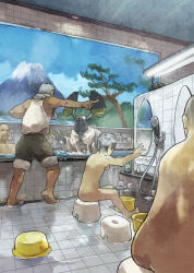 Rule 34 | 5boys, armor, barefoot, bath stool, bathing, faucet, gregorius yamada, knight, multiple boys, nude, old, old man, painting (action), pointing, shirt, shorts, shower head, sitting, sleeveless, stool, tile floor, tile wall, tiles, water, wet, wet clothes