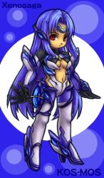 Rule 34 | 1girl, :/, android, black gloves, blue hair, breasts, center opening, character name, chibi, cleavage, closed mouth, copyright name, detached sleeves, expressionless, facial mark, facing away, forehead mark, full body, gloves, hair intakes, headgear, high heels, kos-mos, kos-mos ver. 3, legs apart, leotard, long hair, long sleeves, looking at viewer, lowres, medium breasts, midriff, multicolored background, navel, purple footwear, red eyes, shoes, sidelocks, solo, standing, thigh strap, thighhighs, turtleneck, white leotard, white thighhighs, xenosaga, xenosaga episode iii, zohar0330