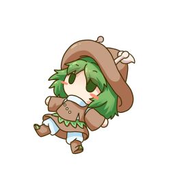 Rule 34 | 1other, absurdres, amanomori shou, androgynous, antennae, baila kuangzi, brown footwear, brown hat, brown skirt, brown sleeves, brown vest, chibi, chinese commentary, commentary request, detached sleeves, green eyes, green hair, hat, highres, len&#039;en, lying, medium hair, no mouth, no nose, on back, other focus, pants, simple background, skirt, solo, sweater, transparent background, vest, white pants, white sweater