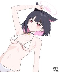 Rule 34 | 1girl, animal ears, artist name, bare arms, bare shoulders, bikini, black choker, black hair, blue archive, blush, breasts, cat ears, choker, colored inner hair, dated, extra ears, halo, highres, kazusa (blue archive), medium breasts, multicolored hair, myeolchi, pink hair, pink halo, red eyes, short hair, signature, simple background, solo, swimsuit, white background, white bikini