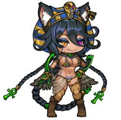 Rule 34 | 1girl, animal ears, animated, ankh, ankh hair ornament, blinking, blue hair, bouncing breasts, braid, breasts, cat ears, cat girl, cat tail, chibi, dark blue hair, egyptian, egyptian clothes, eyebrows hidden by hair, eyeshadow, gold, hair between eyes, heart, heart tattoo, heterochromia, jewelry, last origin, lowres, makeup, mole, mole under eye, muhut, multiple braids, navel, nemes, open mouth, poi (last origin), pubic tattoo, simple background, smile, solo, sphinx, tail, tattoo, tri braids, ugoira, usekh collar, white background, wings