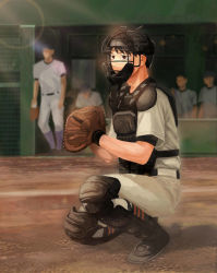 Rule 34 | 4boys, abe takaya, absurdres, arms at sides, bad id, bad pixiv id, baseball, baseball cap, baseball glove, baseball uniform, black hair, brown eyes, catcher, dugout, faceless, faceless male, hat, highres, knee pads, lens flare, looking to the side, male focus, multiple boys, noasa, ookiku furikabutte, sitting, socks, solo focus, sportswear, standing, striped clothes, striped socks, sweat