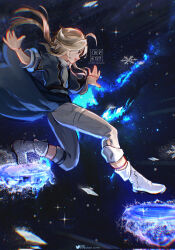 Rule 34 | 1boy, :d, ahoge, artist logo, artist name, blonde hair, blue coat, blurry, chromatic aberration, coat, commentary, corrupted twitter file, fantasy, full body, galaxy, grey footwear, grey pants, highres, honkai: star rail, honkai (series), instagram logo, jumping, light particles, long hair, looking down, making-of available, male focus, open clothes, open coat, open mouth, outstretched arms, pants, profile, ryrmcher, shoes, short sleeves, signature, smile, snowflakes, solo, space, sparkle, spread arms, star (sky), teeth, twitter logo, upper teeth only, watermark, yanqing (honkai: star rail), yellow eyes