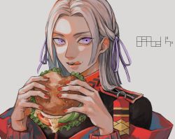 Rule 34 | 1girl, absurdres, avocado, black jacket, burger, constricted pupils, eating, edelgard von hresvelg, epaulettes, fatalbug896, fire emblem, fire emblem: three houses, food, food bite, food on face, grey background, grey hair, hair ribbon, high collar, highres, holding, holding food, jacket, lettuce, licking lips, long hair, long sleeves, looking at viewer, multicolored clothes, multicolored jacket, nail polish, nintendo, open mouth, parted bangs, parted hair, purple eyes, purple ribbon, red nails, ribbon, sauce, signature, simple background, solo, tomato, tomato slice, tongue, tongue out, tress ribbon, two-tone jacket, upper body, zipper