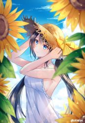 Rule 34 | 1girl, arms up, artist name, bare arms, bare shoulders, blue eyes, blue sky, blush, bow, breasts, collarbone, commentary request, day, dress, flower, frilled dress, frills, hands on headwear, hat, highres, koyoka, long hair, looking at viewer, medium breasts, original, outdoors, sideboob, sky, sleeveless, smile, solo, sun hat, sunflower, white dress, yellow bow