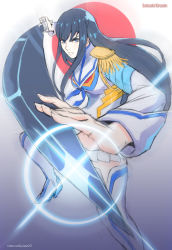 Rule 34 | 1girl, angry, black hair, blue eyes, character name, closed mouth, collar, commission, fighting stance, holding, holding sword, holding weapon, junketsu, kasai, kill la kill, kiryuuin satsuki, long hair, long sleeves, looking at viewer, red sun, school uniform, solo, standing, sword, uniform, weapon