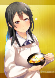 Rule 34 | 1girl, bad id, bad pixiv id, black hair, blush, bowl, breasts, closed mouth, commentary request, food request, heart, holding, holding bowl, juurouta, kantai collection, long hair, long sleeves, looking at viewer, neck ribbon, oyashio (kancolle), raised eyebrows, ribbon, smile, solo, steam, twitter username, upper body, wing collar, yellow background