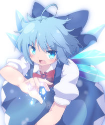 Rule 34 | 1girl, ahoge, blue eyes, blue hair, blush, bow, bowtie, cirno, do (4-rt), dress, fang, hair bow, hand up, highres, ice, ice wings, looking at viewer, magic, open mouth, puffy short sleeves, puffy sleeves, serious, short hair, short sleeves, solo, touhou, v-shaped eyebrows, wings