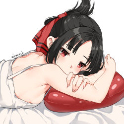 Rule 34 | 1girl, absurdres, artist name, bare arms, bare shoulders, bed sheet, black hair, blush, breasts, camisole, commentary request, folded ponytail, from side, hair ribbon, highres, kaguya-sama wa kokurasetai ~tensai-tachi no renai zunousen~, looking at viewer, looking to the side, lying, on stomach, parted bangs, pillow, red eyes, red ribbon, ribbon, shinomiya kaguya, short hair, sideboob, signature, simple background, sleeveless, solo, upper body, vierzeck, white background