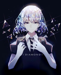 Rule 34 | 1other, androgynous, bad id, bad pixiv id, black necktie, black shirt, blue hair, closed mouth, collared shirt, commentary, diamond (gemstone), diamond (houseki no kuni), hands on own chest, highres, houseki no kuni, lococo:p, looking at viewer, necktie, puffy short sleeves, puffy sleeves, shirt, short hair, short sleeves, smile, solo, upper body, white shirt, wing collar