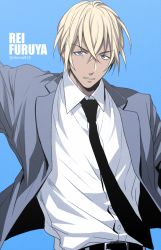 Rule 34 | 1boy, amuro tooru, belt, black necktie, blonde hair, blue background, blue eyes, character name, collared shirt, commentary request, dark-skinned male, dark skin, formal, grey jacket, grey suit, hair between eyes, jacket, looking at viewer, male focus, mashima shima, meitantei conan, necktie, open clothes, open jacket, parted lips, shirt, simple background, solo, suit, twitter username, upper body, white shirt