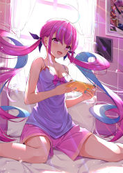 Rule 34 | 1girl, absurdres, ahoge, alternate costume, bare arms, bare legs, bare shoulders, blush, breasts, cleavage, collarbone, colored inner hair, commentary request, cqingwei, curtains, hair ribbon, handheld game console, highres, holding, holding handheld game console, hololive, indoors, long hair, looking at viewer, medium breasts, minato aqua, multicolored hair, nail polish, nintendo switch, on bed, pink eyes, pink shirt, pink shorts, purple eyes, purple hair, ribbon, shirt, short shorts, shorts, sitting, sleeveless, sleeveless shirt, smile, solo, twintails, two-tone hair, virtual youtuber, window