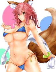 Rule 34 | 1girl, absurdres, animal ears, bare arms, bare shoulders, bikini, blue bikini, blush, breasts, cleavage, closed mouth, collarbone, covered erect nipples, cowboy shot, fate/grand order, fate (series), fox ears, fox tail, highres, holding, holding towel, large breasts, legs apart, long hair, looking at viewer, multicolored background, navel, orange ribbon, pink hair, pulling own clothes, ribbon, shiny skin, shishin (shishintei), side-tie bikini bottom, smile, solo, standing, stomach, strap pull, string bikini, sweat, swimsuit, tail, tamamo (fate), tamamo no mae (fate/extra), tamamo no mae (swimsuit lancer) (fate), thighs, towel, underboob, white towel, yellow eyes