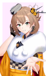 Rule 34 | 1girl, blush, breasts, brown hair, earrings, fur trim, green eyes, hair ornament, headgear, highres, japanese clothes, jewelry, kantai collection, kimono, large breasts, long sleeves, looking at viewer, mesera, mutsu (kancolle), obi, official alternate costume, orange kimono, sash, short hair, smile, solo, upper body, wide sleeves
