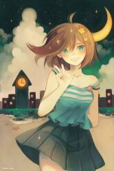 Rule 34 | 1girl, ahoge, aqua eyes, arm behind back, bare shoulders, beach, black skirt, blue shirt, breasts, brown hair, cityscape, cleavage, clip studio paint (medium), clock, clock tower, cloud, collarbone, commentary, crescent moon, english commentary, frilled shirt, frills, grin, hair ornament, highres, hoshi-pan, light blush, looking at viewer, miniskirt, moon, night, night sky, ocean, open mouth, original, outdoors, shell brooch, shirt, short hair, skirt, sky, small breasts, smile, solo, sparkle, star (sky), star (symbol), star hair ornament, starfish, strap, striped clothes, striped shirt, striped skirt, swept bangs, teeth, tower, v, vertical-striped clothes, vertical-striped skirt