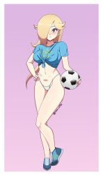 1girl ball blonde_hair blue_eyes blue_shirt breasts earrings hair_over_one_eye hand_on_own_hip highres jewelry long_hair looking_at_viewer maiiartss mario_(series) medium_breasts midriff navel nintendo panties rosalina shirt shoes soccer_ball solo super_mario_galaxy underwear white_panties