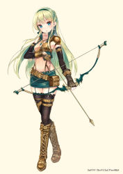 Rule 34 | 1girl, arrow (projectile), artist name, beige background, black gloves, black thighhighs, blue eyes, blush, boots, bow (weapon), braid, brown footwear, closed mouth, copyright name, cross-laced footwear, destiny chronicles, elbow gloves, full body, garter straps, gloves, green hair, green skirt, half updo, highres, knee boots, lace-up boots, long hair, looking at viewer, miniskirt, official art, pierorabu, shoulder guard, simple background, skirt, solo, standing, suspenders, thighhighs, weapon