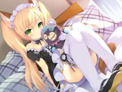 Rule 34 | 1girl, alternate eye color, animal ears, ass, bed, blonde hair, blush, bow, choker, dress, dutch angle, elin, emily (pure dream), flat chest, frilled dress, frilled thighhighs, frills, gloves, green eyes, headdress, highres, lolita fashion, long hair, looking at viewer, mary janes, off shoulder, shoes, short sleeves, sitting, solo, stuffed toy, tera online, thighhighs, thighs, twintails, white gloves, white thighhighs