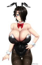 Rule 34 | 1girl, animal ears, aqua eyes, bare shoulders, black hair, black leotard, black pantyhose, bow, bowtie, breasts, cleavage, collarbone, commentary, cowboy shot, detached collar, fake animal ears, gluteal fold, hair over one eye, hand on own hip, huge breasts, leotard, looking at viewer, original, pantyhose, playboy bunny, rabbit ears, rabbit girl, red bow, red bowtie, saya (twrlare), simple background, smile, solo, thigh gap, thighband pantyhose, twrlare, white background, wrist cuffs