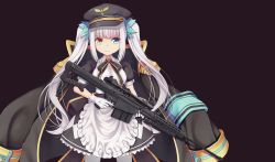 Rule 34 | 1037519921, 1girl, absurdres, anti-materiel rifle, apron, armband, barrett m82, black background, breasts, coat, gloves, grey hair, gun, hair ribbon, hat, highres, hime cut, holding, holding weapon, kagura gumi, kagura mea, long hair, looking at viewer, maid, maid apron, military coat, military hat, pantyhose, ribbon, rifle, simple background, smile, sniper rifle, solo, trigger discipline, twintails, virtual youtuber, weapon, weapon request, white gloves, white hair, white pantyhose