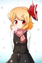 Rule 34 | 1girl, arms behind back, blush, female focus, looking at viewer, nori nori ex, red eyes, rumia, scar, scarf, snow, solo, touhou