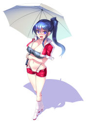 Rule 34 | 1girl, :d, blue hair, boots, bosshi, breasts, cleavage, covered erect nipples, high heels, highleg, highleg panties, highres, large breasts, long hair, looking at viewer, midriff, navel, open mouth, original, panties, ponytail, purple eyes, race queen, shorts, smile, solo, umbrella, underwear, white footwear