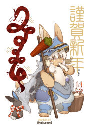 Rule 34 | &gt;:), 1other, 2024, :3, androgynous, animal ears, artist name, baggy pants, barefoot, blackcat (blackcatbox), blue headwear, body fur, brown fur, chinese zodiac, colored eyelashes, commentary, dated, ears through headwear, food, food in mouth, full body, furry, furry other, helmet, holding, holding food, holding mallet, kine, looking at viewer, made in abyss, mallet, mochi, nanachi (made in abyss), pants, pelt, rabbit, rabbit ears, rope, shimenawa, simple background, solo, standing, tail, twintails, v-shaped eyebrows, whiskers, white background, white hair, year of the dragon, yellow eyes