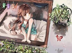 Rule 34 | 10s, 1girl, ahoge, alternate costume, arm support, bad id, bad pixiv id, bare shoulders, barefoot, bear, bed, bow, brown eyes, brown hair, bug, butterfly, flower, flower pot, bug, kantai collection, kneeling, kuma (kancolle), leaning forward, long hair, looking to the side, on bed, plant, ry-poipoi, shirt, shorts, sleeveless, sleeveless shirt, solo, toy, window