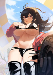 Rule 34 | 1girl, absurdres, azur lane, bad id, bad pixiv id, bikini, black bikini, black hair, black thighhighs, blue sky, breasts, checkered flag, cleavage, cloud, cloudy sky, commentary, cowboy shot, flag, from below, gluteal fold, groin, hair between eyes, hand on own chest, highres, jacket, large breasts, long hair, looking at viewer, midriff, motor vehicle, motorcycle, navel, off shoulder, official alternate costume, open clothes, open jacket, open mouth, red eyes, red jacket, road sign, sign, sky, solo, standing, stomach, swimsuit, taihou (azur lane), taihou (enraptured companion) (azur lane), thighhighs, thighs, tonki, underboob, wind