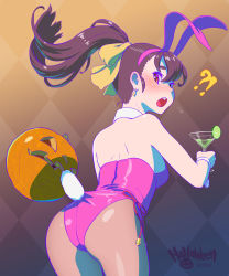Rule 34 | !?, 1girl, animal ears, brown hair, brown pantyhose, checkered background, cocktail glass, commentary request, cup, detached collar, drinking glass, fake animal ears, fishnet pantyhose, fishnets, fukusuke hachi-gou, highres, jack-o&#039;-lantern, leotard, looking back, original, pantyhose, pink leotard, playboy bunny, ponytail, pumpkin, rabbit ears, rabbit tail, red eyes, strapless, strapless leotard, tail, wine glass, wrist cuffs