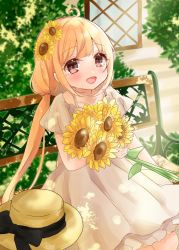 Rule 34 | 1girl, :d, ahoge, bench, black ribbon, blonde hair, blush, commentary request, dappled sunlight, dress, flower, futaba anzu, hair flower, hair ornament, hair tie, hat, unworn hat, hat ribbon, unworn headwear, highres, holding, holding flower, idolmaster, idolmaster cinderella girls, idolmaster cinderella girls starlight stage, looking at viewer, open mouth, purple eyes, ribbon, rino cnc, short sleeves, smile, solo, sunflower, sunlight, twintails, white dress
