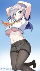 Rule 34 | 10s, 1girl, :o, arms up, black pantyhose, blue eyes, blush, breasts, covered erect nipples, crop top, crop top overhang, crotch seam, gradient background, hair ornament, hair over one eye, hairclip, hamakaze (kancolle), jumping, kantai collection, large breasts, looking at viewer, maji (etonato), midriff, navel, neckerchief, no pants, open mouth, panties, panties under pantyhose, pantyhose, sailor collar, school uniform, serafuku, shirt, short hair, short sleeves, silver hair, simple background, solo, stomach, tareme, thighband pantyhose, underboob, underwear, white panties, white shirt, yellow neckerchief