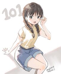 Rule 34 | 1girl, absurdres, artist name, black hair, blue shorts, brown shirt, dated, denim, denim shorts, feet out of frame, grey eyes, highres, kantai collection, kirisawa juuzou, landing ship no. 101 (kancolle), long hair, low twintails, official alternate costume, shirt, shorts, smile, solo, twintails