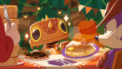 Rule 34 | 1girl, 2boys, apron, brown gloves, burnt food, commentary request, cowboy hat, dr. eggman, fang the sniper, food, fork, froggy (sonic), gloves, halloween, hat, helmet, holding, holding knife, holding plate, knife, looking at another, multiple boys, official art, palm tree, pancake, pancake stack, plate, sonic (series), sonic superstars, sparkle, sweat, tree, trip the sungazer, uno yuuji, white gloves