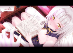 Rule 34 | 1girl, absurdres, azur lane, blush, book, breasts, chair, commander (azur lane), commentary, english commentary, gloves, hair ornament, heart, heart-shaped pupils, heavy breathing, highres, letterboxed, long hair, looking at viewer, mole, mole under eye, one breast out, open mouth, p ion, pov, silver hair, sitting, sitting on lap, sitting on person, small breasts, solo focus, symbol-shaped pupils, table, tattoo, tongue, yellow eyes, z46 (azur lane)