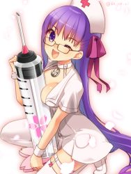 Rule 34 | 10s, 1girl, ;d, alternate costume, bad id, bad twitter id, bb (bb shot!) (fate), bb (fate), bb (fate/extra), between breasts, black-framed eyewear, blush, breasts, choker, fate/extra, fate/extra ccc, fate (series), glasses, hair ribbon, hat, head tilt, holding, jewelry, koruri, long hair, looking at viewer, medium breasts, nurse, nurse cap, one eye closed, on one knee, open mouth, oversized object, pendant, petals, pink ribbon, purple eyes, purple hair, ribbon, ring, short sleeves, smile, solo, straight hair, syringe, tareme, thigh strap, thighhighs, twitter username, v-shaped eyebrows, very long hair, white choker, white thighhighs, wrist cuffs