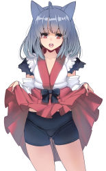 Rule 34 | 1girl, ahoge, animal ears, bike shorts, blunt bangs, clothes lift, detached sleeves, grey hair, hakama, hakama lift, hakama skirt, highres, japanese clothes, kouno (masao), lifted by self, looking at viewer, nontraditional miko, open mouth, original, red eyes, revision, simple background, skirt, skirt lift, solo, standing, white background