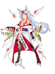 Rule 34 | 1girl, amaterasu (ookami), animal ears, bare shoulders, blue hair, char, elbow gloves, epic, gloves, japanese clothes, kimono, long hair, ookami (game), personification, solo, tattoo, thighhighs