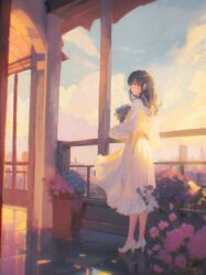 Rule 34 | 1girl, absurdres, black hair, bouquet, building, closed mouth, cloud, dress, evening, flower, full body, high heels, highres, holding, holding bouquet, indoors, medium hair, original, plant, potted plant, saisho (qpoujr), scenery, sky, solo, standing, white dress, white footwear