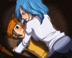 Rule 34 | 1boy, 1girl, ahoge, blouse, blue eyes, blue hair, blush, brown hair, colorized, dark, embarrassed, endou mamoru, from above, girl on top, half-closed eyes, headband, inazuma eleven (series), md5 mismatch, push down, resolution mismatch, shirt, source larger, v-shaped eyebrows, white shirt, wide-eyed, yagami reina, yellow shirt