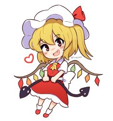 Rule 34 | 1girl, absurdres, ascot, back bow, blonde hair, blush stickers, bow, breasts, chibi, collared shirt, commentary, english commentary, fang, ferdy&#039;s lab, flandre scarlet, frilled skirt, frills, full body, hair between eyes, happy, hat, head tilt, heart, highres, holding, holding polearm, holding weapon, laevatein (touhou), large bow, looking at viewer, medium hair, mob cap, multicolored wings, one side up, open mouth, polearm, puffy short sleeves, puffy sleeves, red eyes, red footwear, red skirt, red vest, shirt, short sleeves, simple background, skirt, small breasts, smile, socks, solo, touhou, vest, weapon, white background, white bow, white hat, white shirt, white socks, wings, yellow ascot