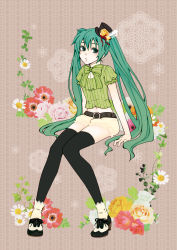 Rule 34 | 1girl, bad id, bad pixiv id, belt, bow, bowtie, flower, green eyes, green hair, hat, hatsune miku, long hair, matching hair/eyes, midriff, mini hat, mini top hat, navel, omayu, shoes, sitting, solo, thighhighs, top hat, twintails, very long hair, vocaloid