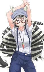 Rule 34 | 1girl, animal ear fluff, animal ears, arms up, bare arms, bespectacled, black hair, buttons, carrot, carrot necklace, casual, closed mouth, collarbone, contemporary, cowboy shot, extra ears, glasses, hand on own arm, hat, highres, jewelry, kemono friends, long hair, looking to the side, multicolored hair, necklace, pants, pendant, plains zebra (kemono friends), round eyewear, shirt, short sleeves, simple background, smile, solo, streaked hair, stretching, suspenders, tail, tanabe (fueisei), two-tone hair, very long hair, white background, white hair, yellow eyes, zebra ears, zebra girl, zebra tail