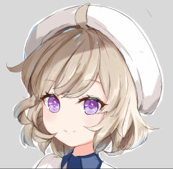 Rule 34 | 1girl, ahoge, beret, brown hair, c309657344, closed mouth, collared dress, commentary request, dress, grey background, hat, highres, iwanaga kotoko, kyokou suiri, looking at viewer, outline, portrait, purple eyes, simple background, smile, solo, white dress, white hat, white outline