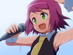 1girl :d armpits blue_background collared_shirt commentary_request curakuru gradient_background green_eyes holding holding_microphone looking_ahead mega_man_(series) mega_man_star_force_(series) microphone necktie open_mouth purple_hair shirt short_hair sleeveless sleeveless_shirt smile solo sonia_strumm_(mega_man) sweat upper_body very_sweaty white_background white_wrist_cuffs wrist_cuffs yellow_necktie