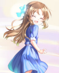 Rule 34 | 1girl, blue bow, blue dress, bow, brown hair, child, closed eyes, commentary, cowboy shot, dress, facing viewer, hair bow, idolmaster, idolmaster cinderella girls, idolmaster cinderella girls u149, kawaseki, light blush, long hair, open mouth, short sleeves, sidelocks, smile, solo, stairs, stone stairs, tachibana arisu