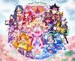 Rule 34 | 5boys, 6+girls, :d, ;d, akagi towa, albino, amanogawa kirara, arm warmers, aroma (go! princess precure), aroma (go! princess precure) (human), belt, bird, black bow, black flower, black hair, black rose, blonde hair, blue hair, blue skirt, boots, bow, bowtie, brown-framed eyewear, brown hair, butler, castle, choker, clenched teeth, close (go! princess precure), colored eyelashes, copyright name, creature, crop top, cure flora, cure mermaid, cure scarlet, cure twinkle, detached sleeves, dog, dress-up key, dual persona, dyspear, earrings, everyone, flower, freeze (go! princess precure), glasses, gloves, go! princess precure, green eyes, haidoro, hair over eyes, hand on own hip, haruno haruka, hat, highres, hood, jewelry, kaidou minami, knee boots, kuroro (go! princess precure), lock (go! princess precure), long hair, looking at viewer, magical girl, mask, messy hair, mismatched eyelashes, miss siamour, miss siamour (human), multicolored hair, multiple boys, multiple girls, nail polish, nanase yui, navel, one eye closed, open mouth, pale skin, pants, pantyhose, personification, petals, pink bow, pink eyes, pink hair, pink skirt, pointy ears, precure, prince kanata, puff (go! princess precure), puff (go! princess precure) (human), puffy sleeves, purple eyes, purple hair, purple pants, quad tails, red bow, red eyes, red footwear, red hair, red legwear, red skirt, rose, shoes, shut (go! princess precure), skirt, smile, spiked hair, standing, star (symbol), star earrings, stop (go! princess precure), streaked hair, teeth, thigh boots, thighhighs, top hat, twilight (go! princess precure), twintails, two-tone hair, v, wand, white footwear, white gloves, white hair, white hat, wrist cuffs