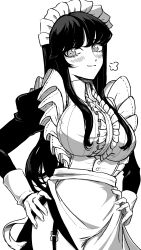 Rule 34 | 1girl, puff of air, absurdres, apron, black hair, blush, breasts, frills, fufu (fufuichi04), garter straps, greyscale, hands on own hips, highres, large breasts, long hair, looking at viewer, maid, maid apron, maid headdress, mana (fufuichi04), mole, mole under eye, monochrome, original, simple background, smile, solo